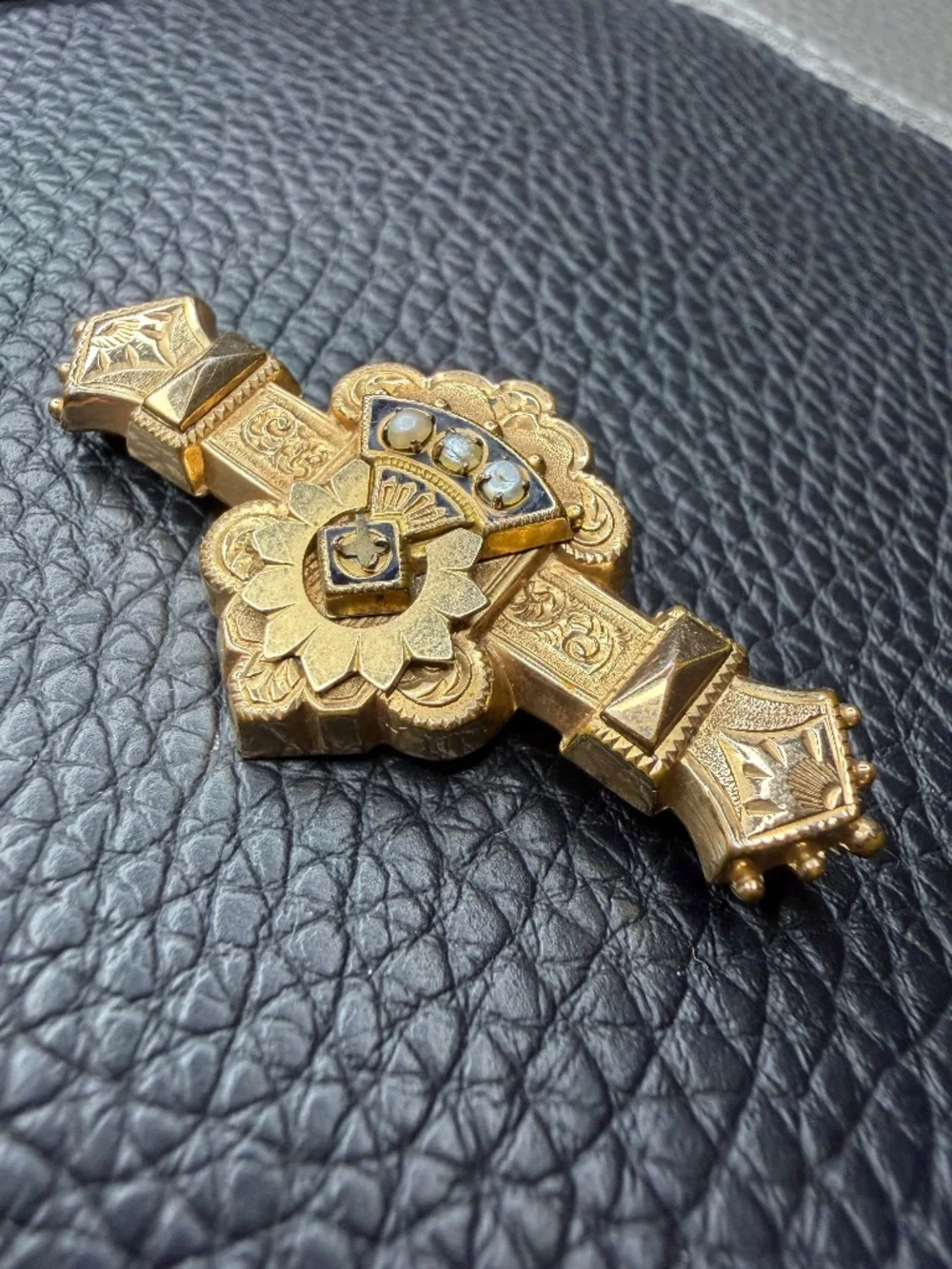 ORNATE Antique Victorian Edwardian Gold Filled Etched Bar Brooch Seed Pearls 2